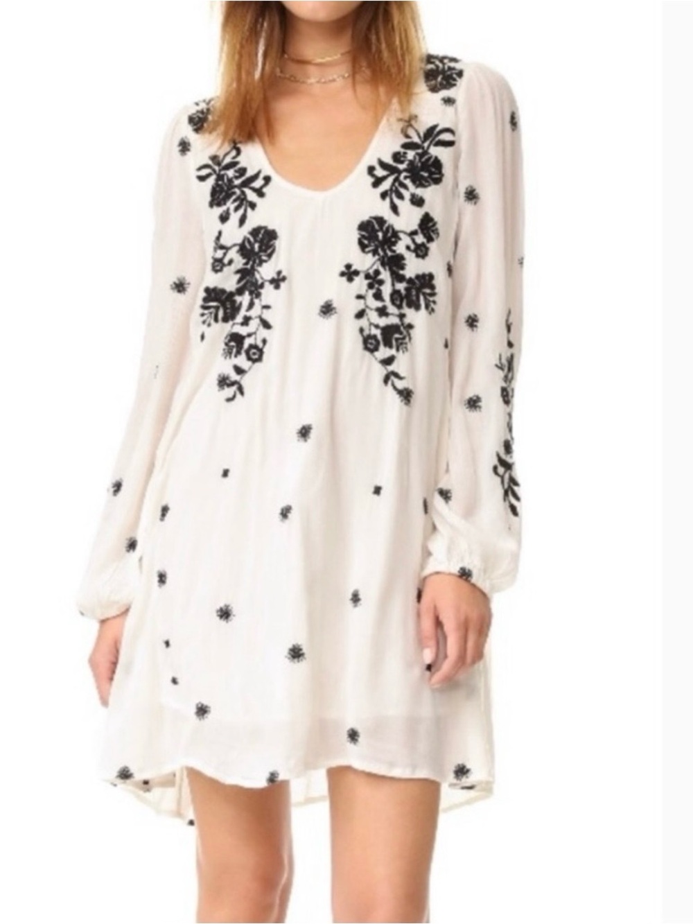 Free People White Long-Sleeve Dress with Black Floral Embroidery